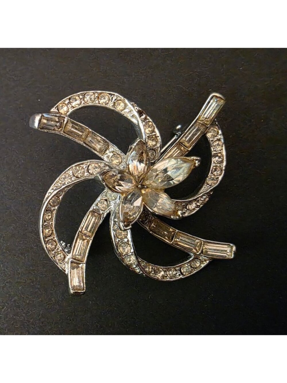 Vintage Rhinestone Flower Brooch Pin With Silver-Tone Metal & Baguette Crystal A